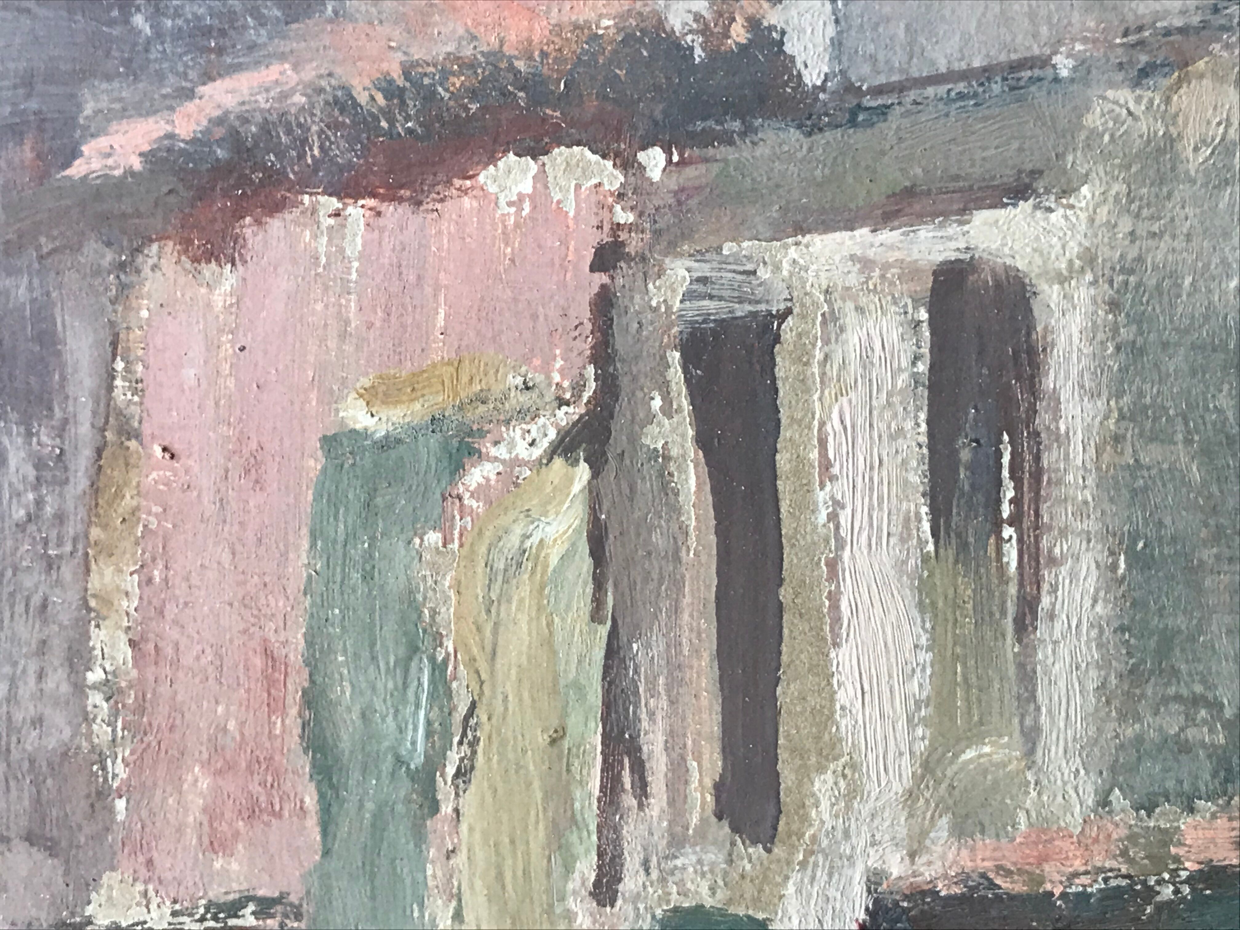 Old painting oil on cardboard peasant village