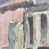 Old painting oil on cardboard peasant village