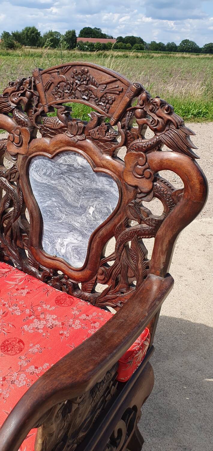 Set 2 vintage Chinese Asian chairs carved rosewood with marble