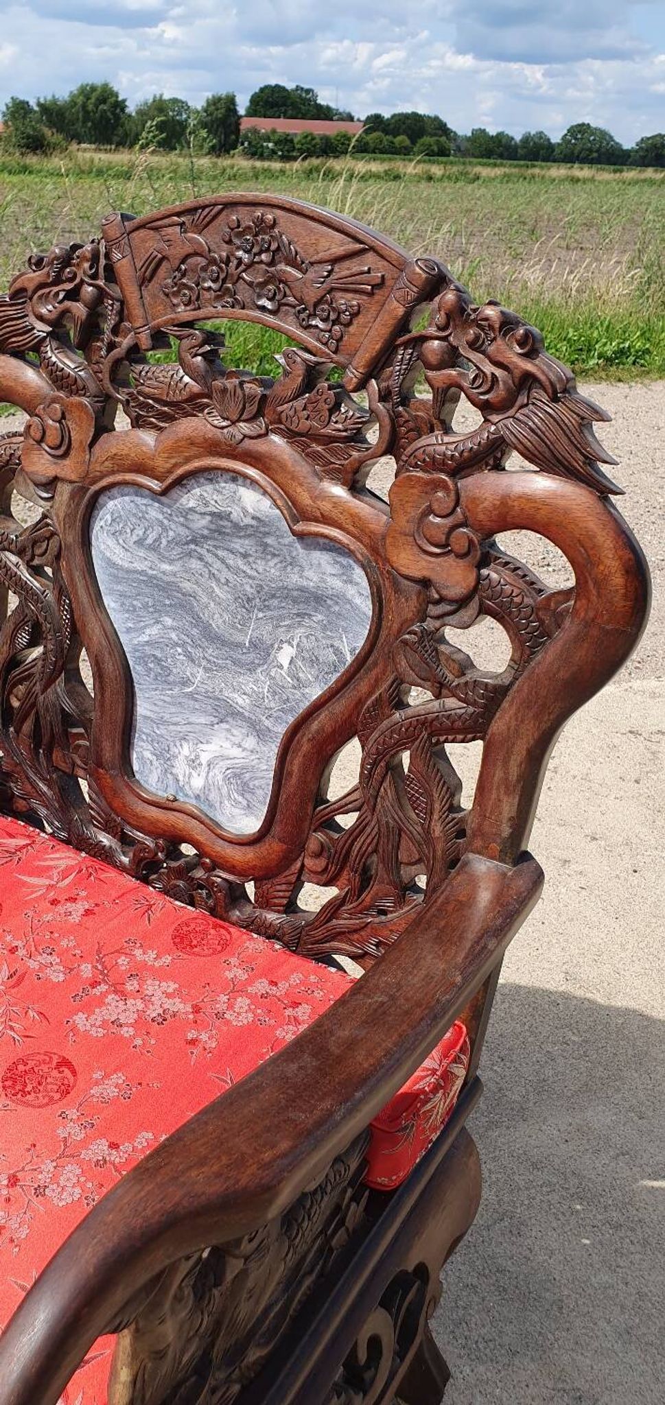 Set of 2 vintage Chinese Asian chairs in carved rosewood with marble.