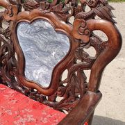 Set of 2 vintage Chinese Asian chairs in carved rosewood with marble.