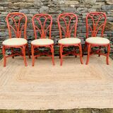 Set of 4 red rattan chairs and fabric