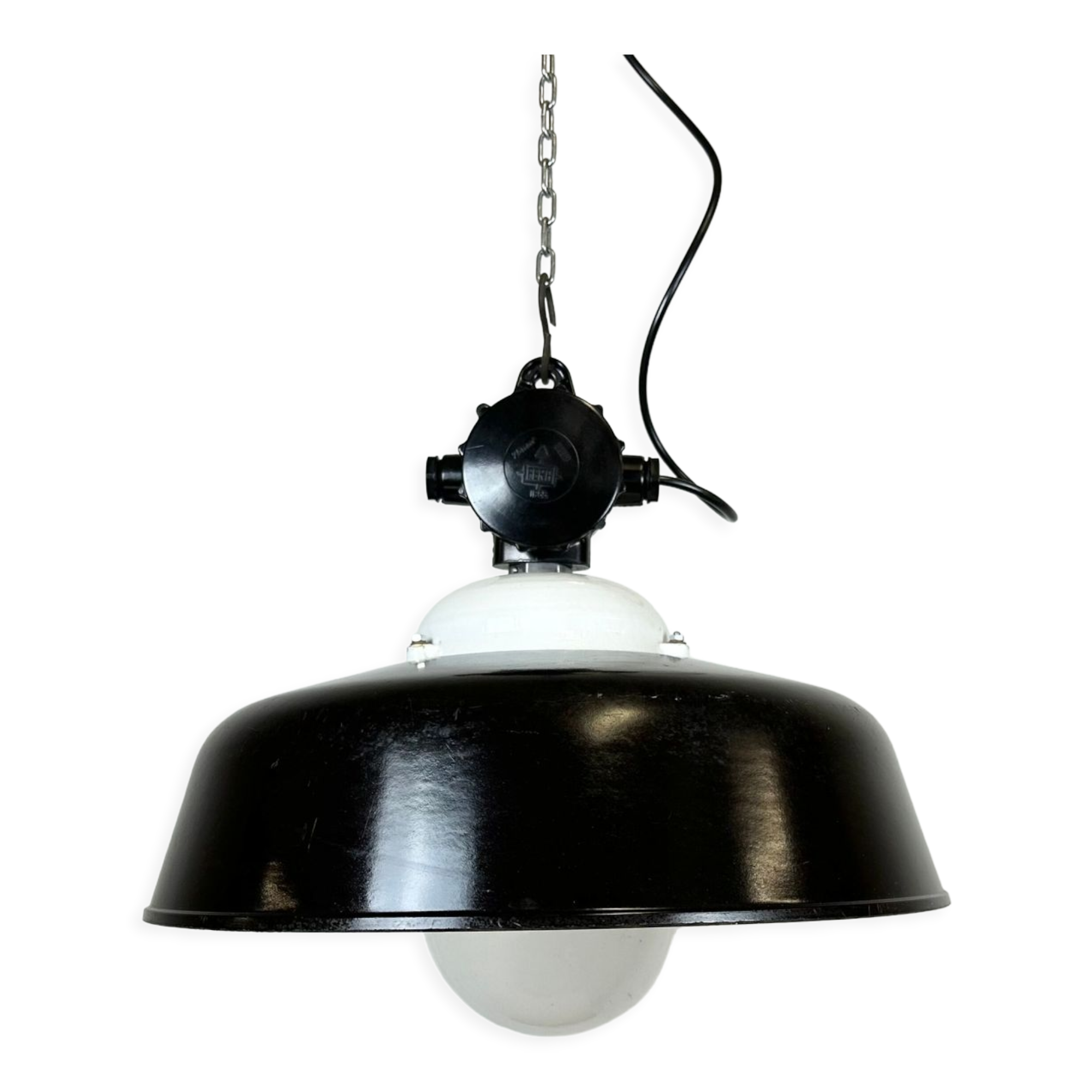 Industrial black enamel lamp with glass cover, 1950s