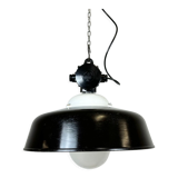 Industrial black enamel lamp with glass cover, 1950s