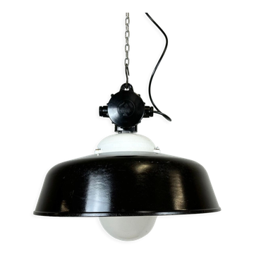 Industrial black enamel lamp with glass cover, 1950s