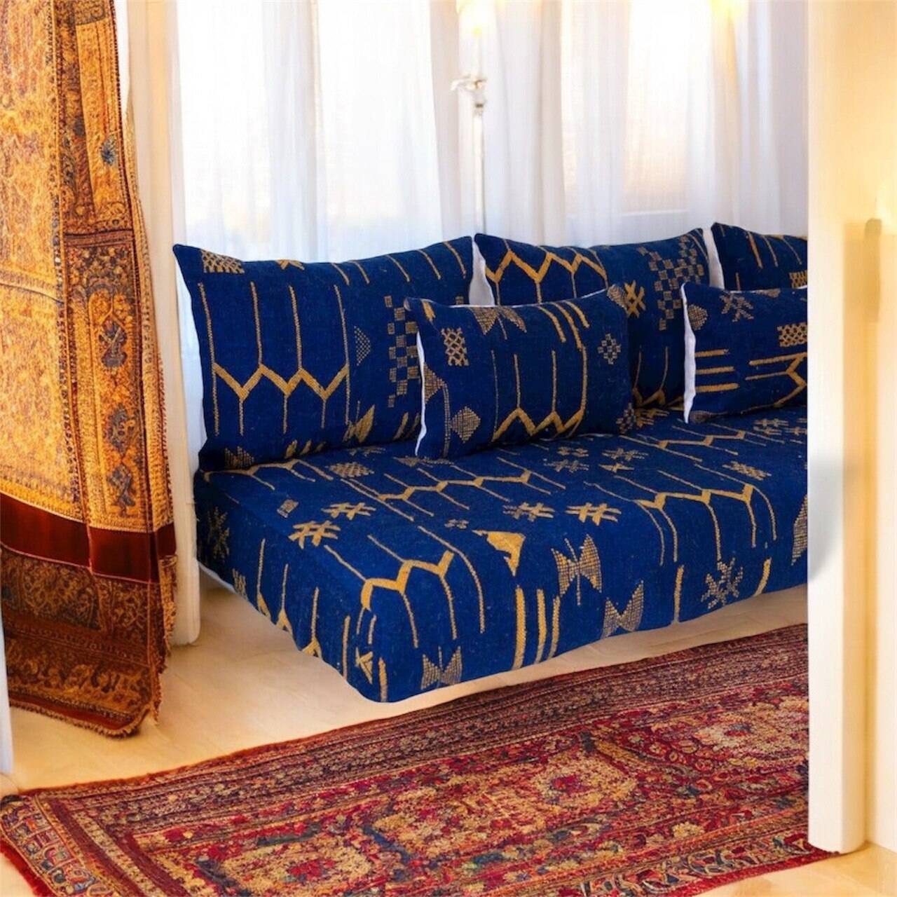 Handmade Moroccan Floor Sofa – Blue Hnibel with Golden Khormaz Patterns