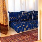 Handmade Moroccan Floor Sofa – Blue Hnibel with Golden Khormaz Patterns