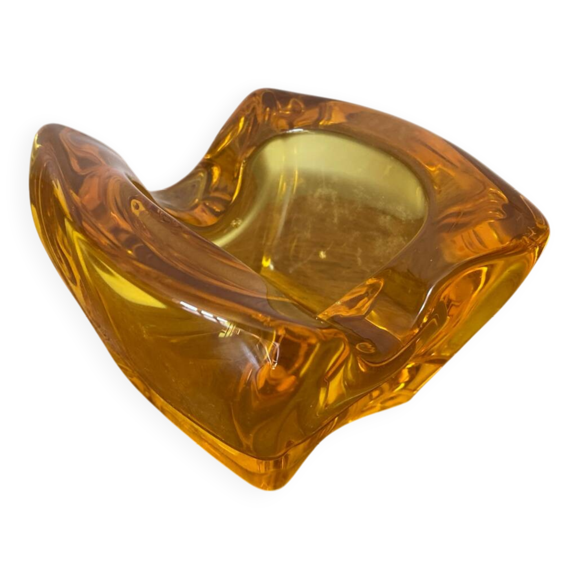 Cendrier, vide poche en cristal moulé jaune orangé vintage