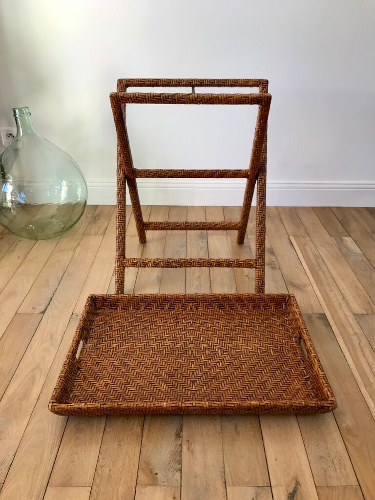 Rattan console exotic wood vintage removable tray 70s