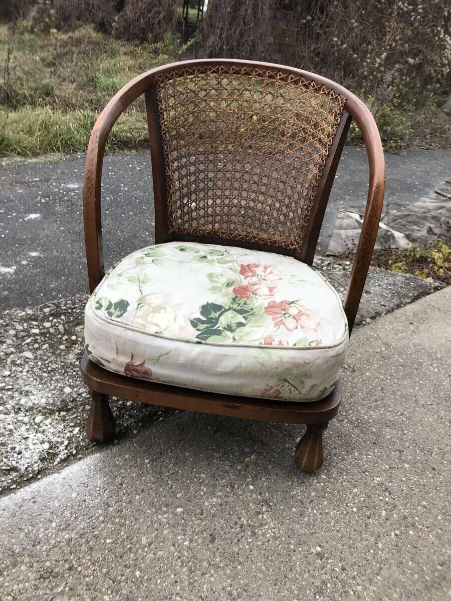 Vintage brown armchair in floral fabric and mahogany wood, 1950s, low back.