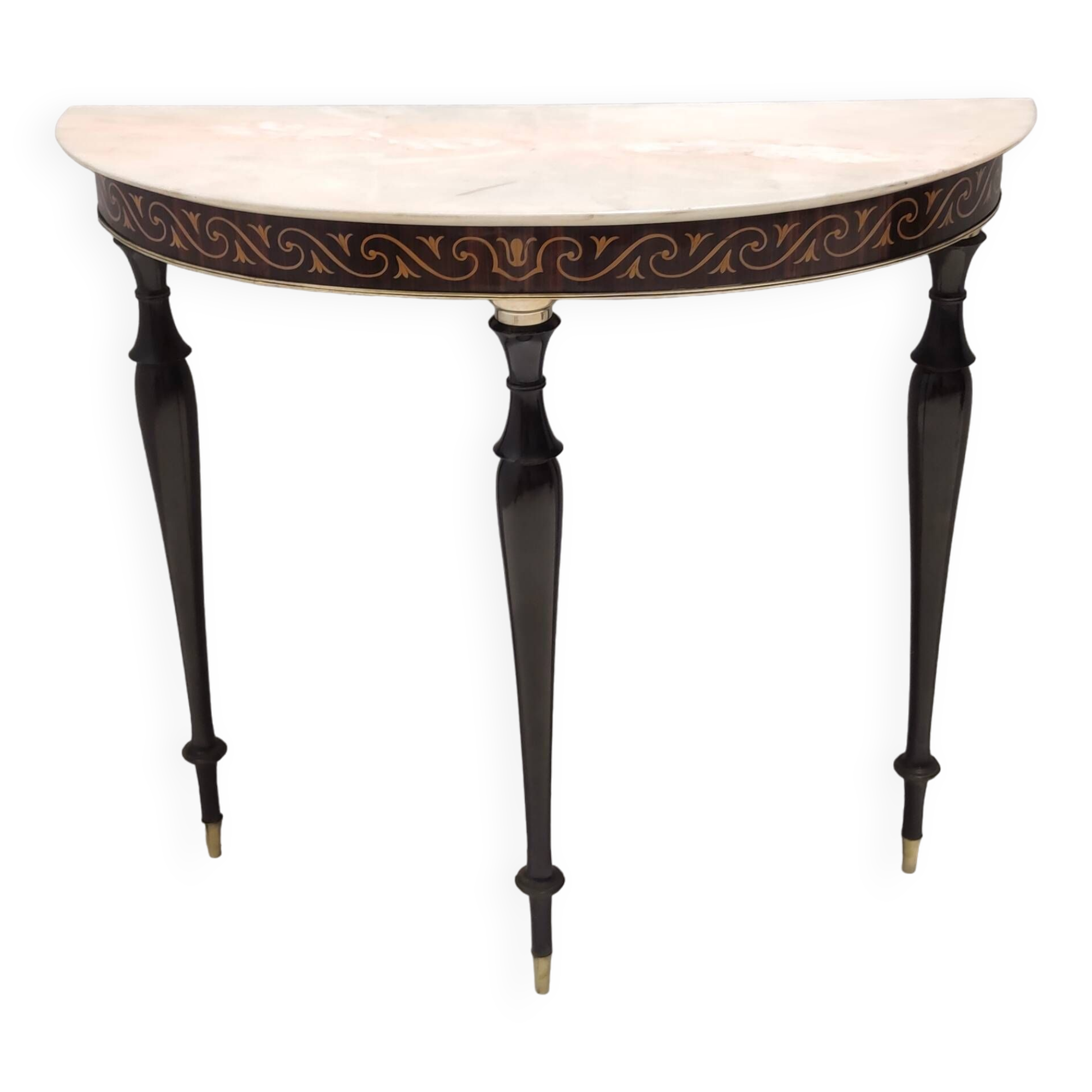 Beech and Black Walnut Console Table with a Demilune Marble Top