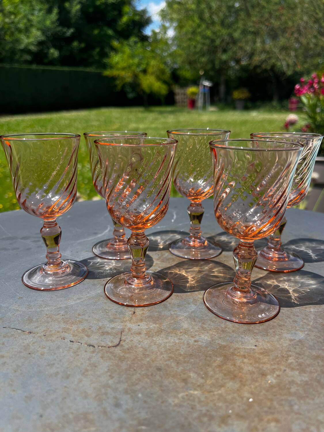 6 antique Rosaline liqueur glasses – vintage pink glass – 50s/60s
