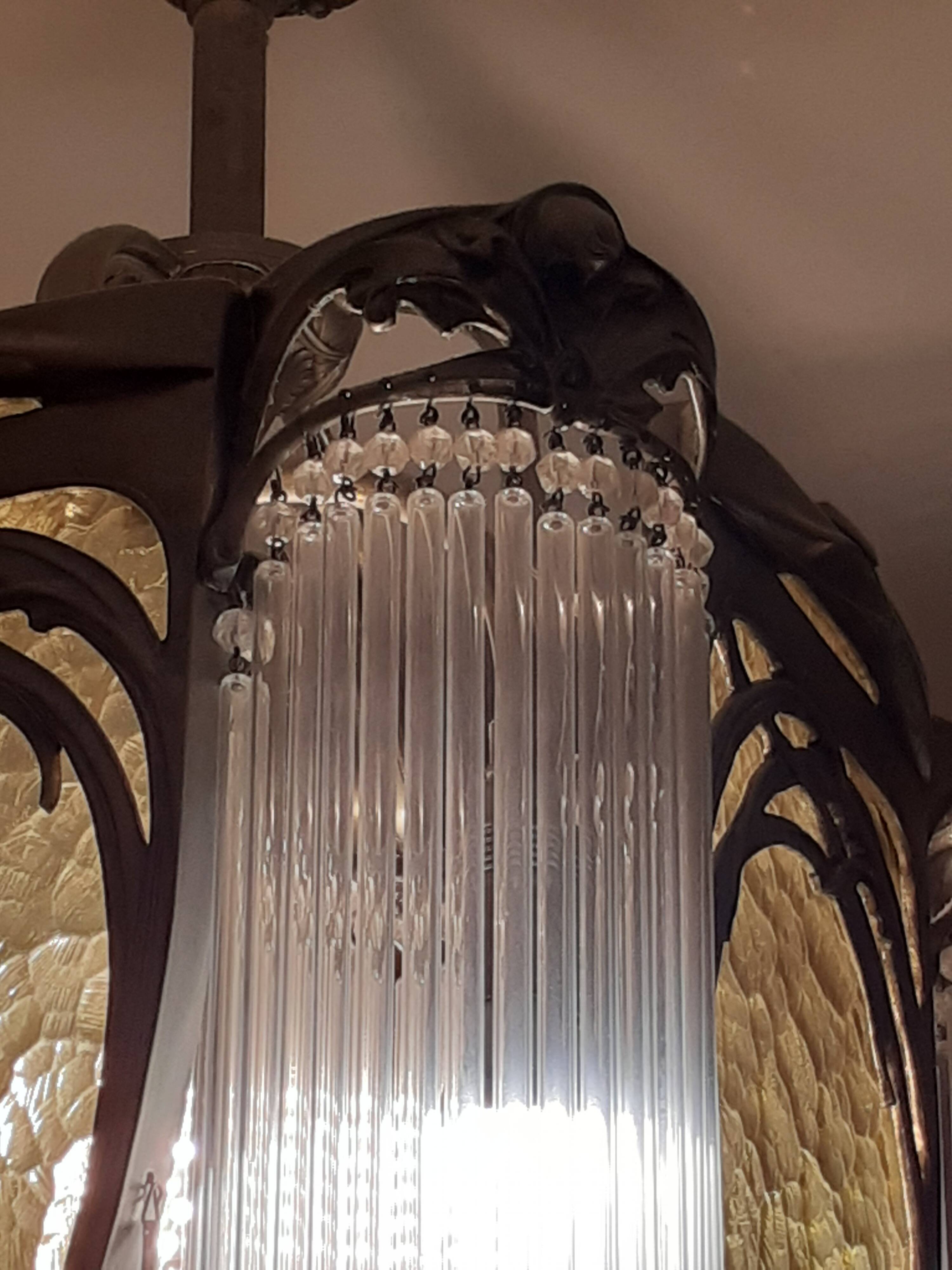 Art Nouveau Guimard style chandelier in nickel-plated bronze