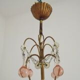French Vintage 4 Light Metal Cage Chandelier with Bead Swag and Pink Murano Drops