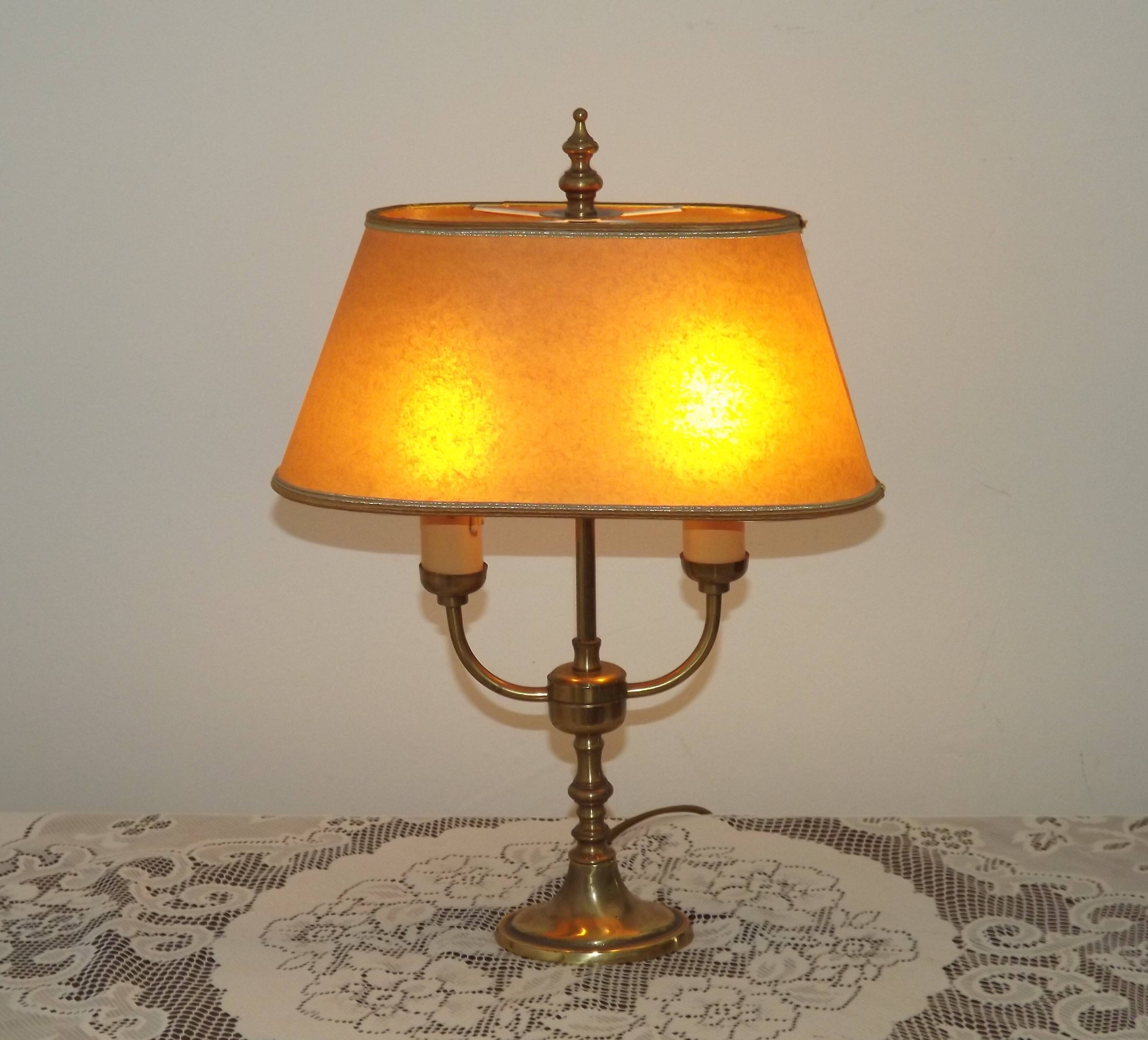 French Mid Century Brass Boulotte 2 Light Table Lamp Brown Shade