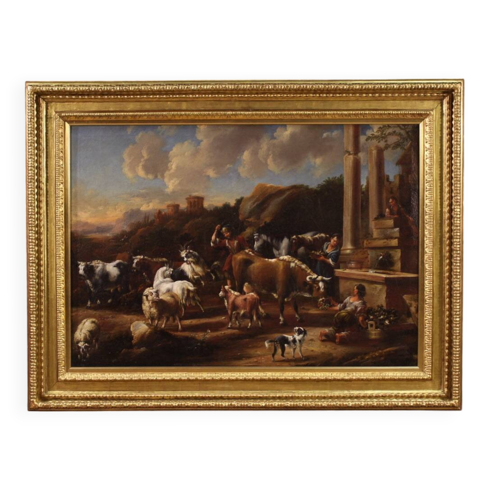Great 18th century painting, pastoral scene with classical ruins