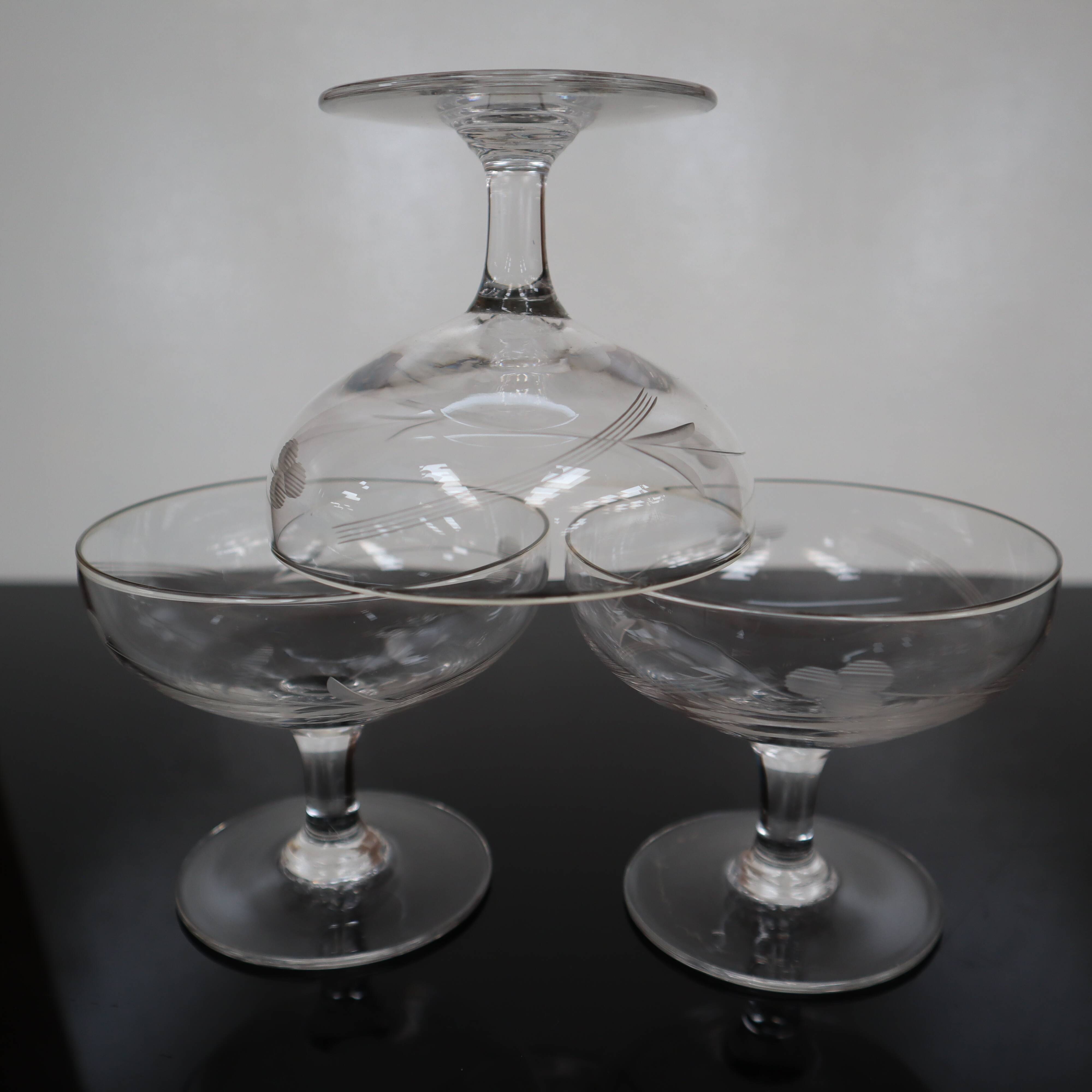 3 Art Deco champagne glasses in engraved glass