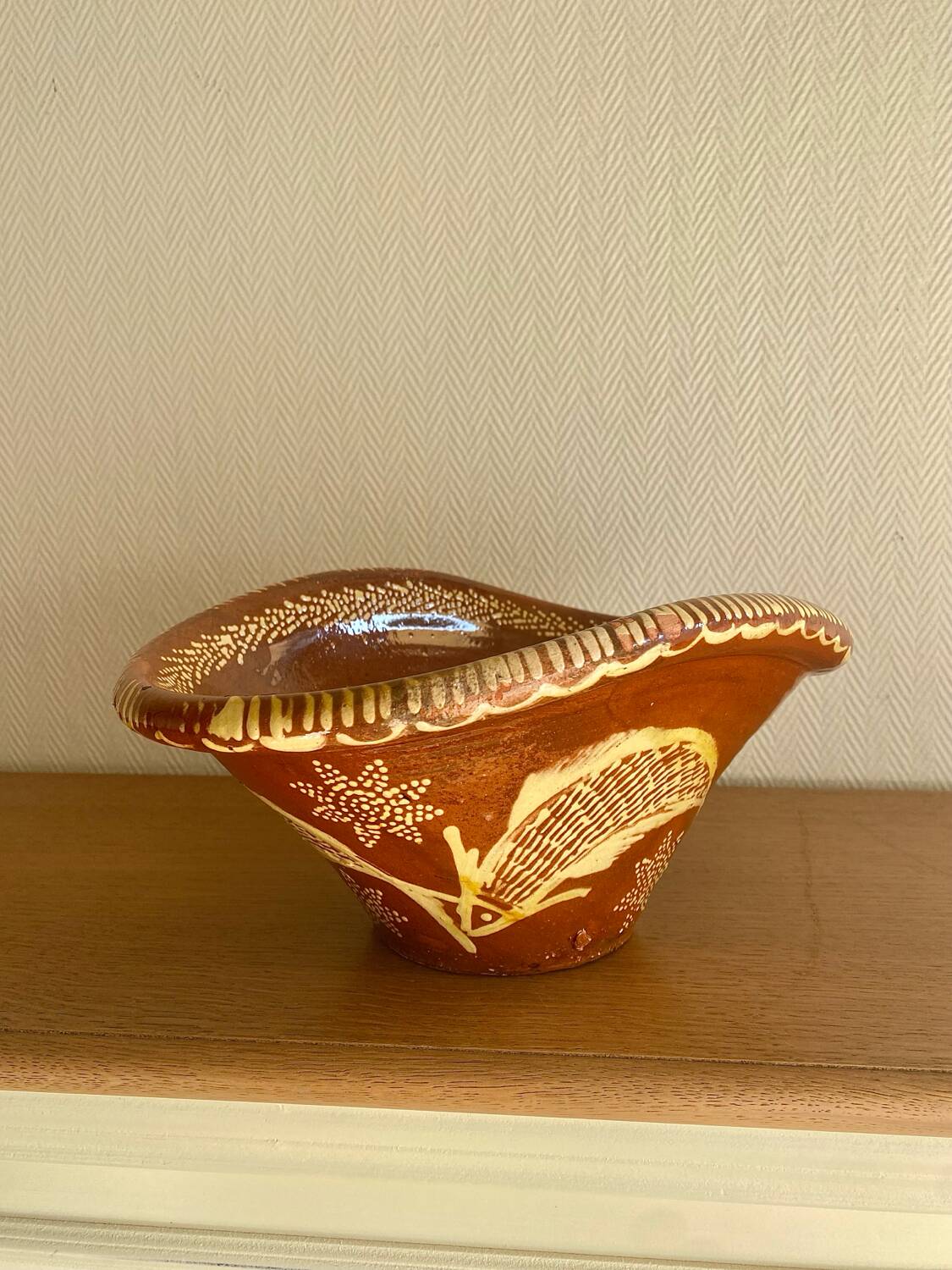 Old glazed terracotta plate, Portuguese craftsmanship.
