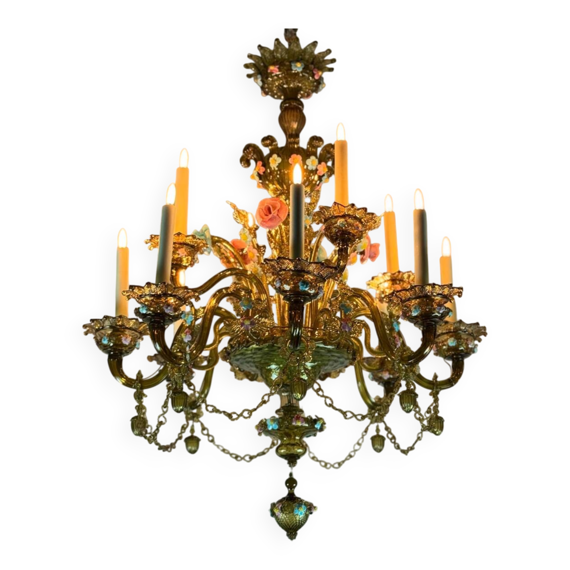 Venetian chandelier in multi-colored Murano glass with a green dominant color, 12 light arms, circa 1880