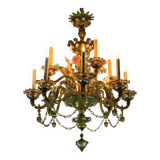 Venetian chandelier in multi-colored Murano glass with a green dominant color, 12 light arms, circa 1880