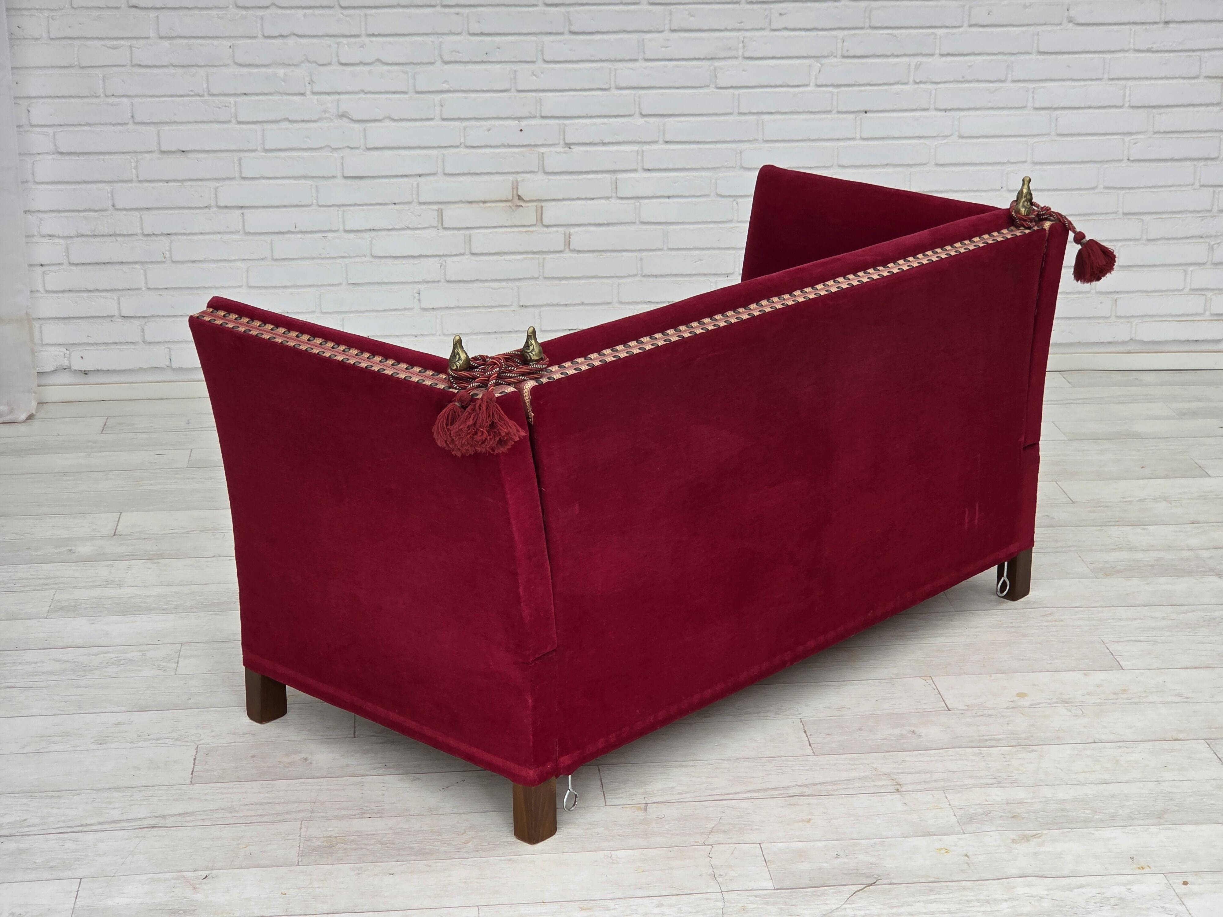 1970s, Danish 2-seater "Spanish" drop arm sofa, red furniture velour.