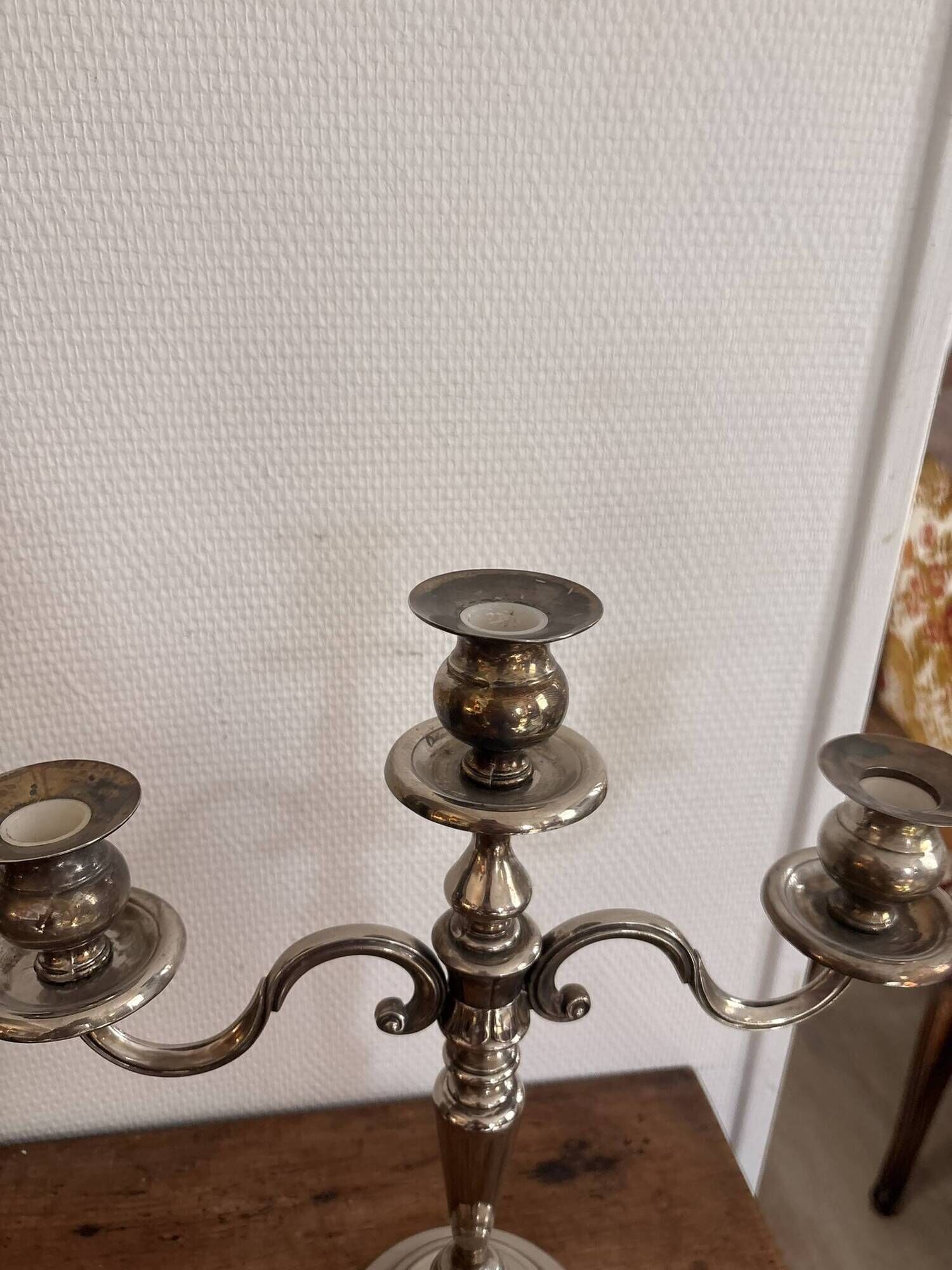 Antique Pair of 3-Light Candelabra Silver-Plated Metal Louis XV Rococo Style