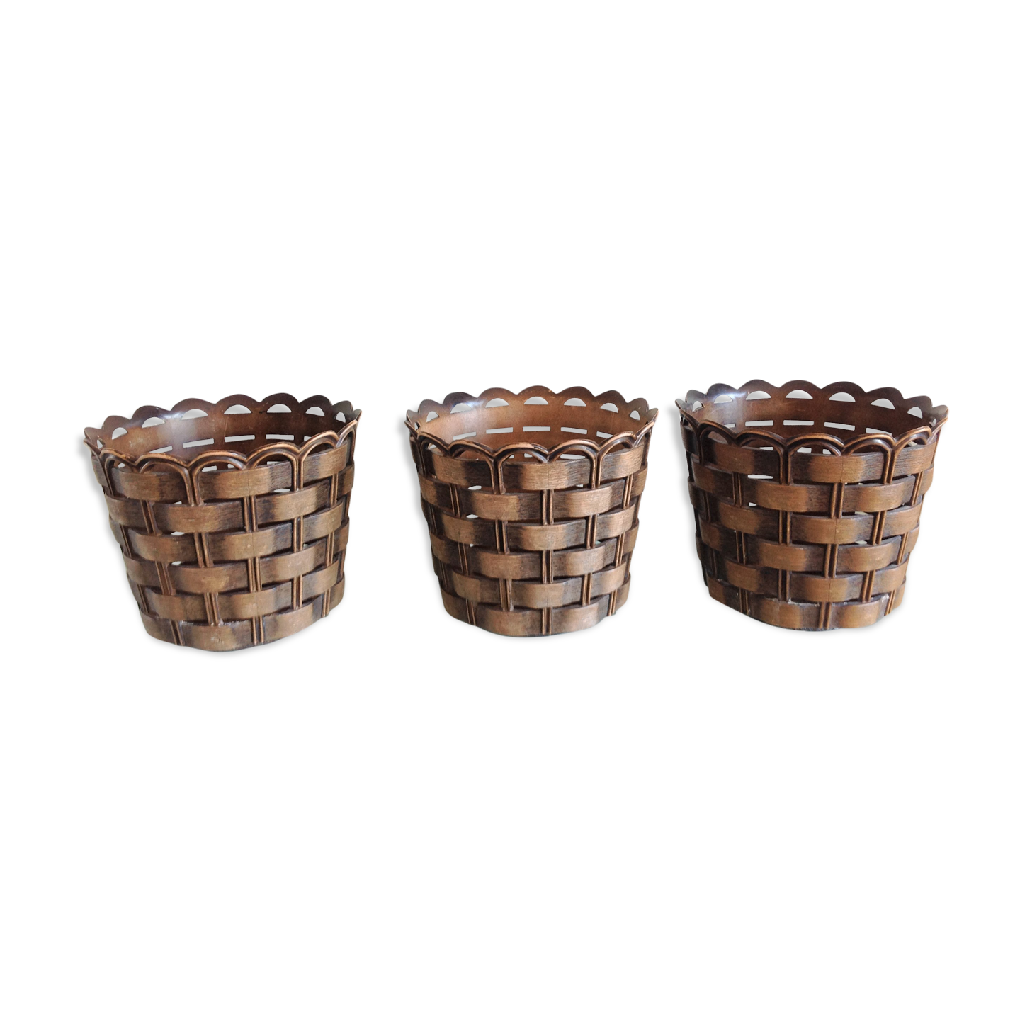 Suite of three cache pots imitation wicker braided by Emsa / vintage 60s-70s