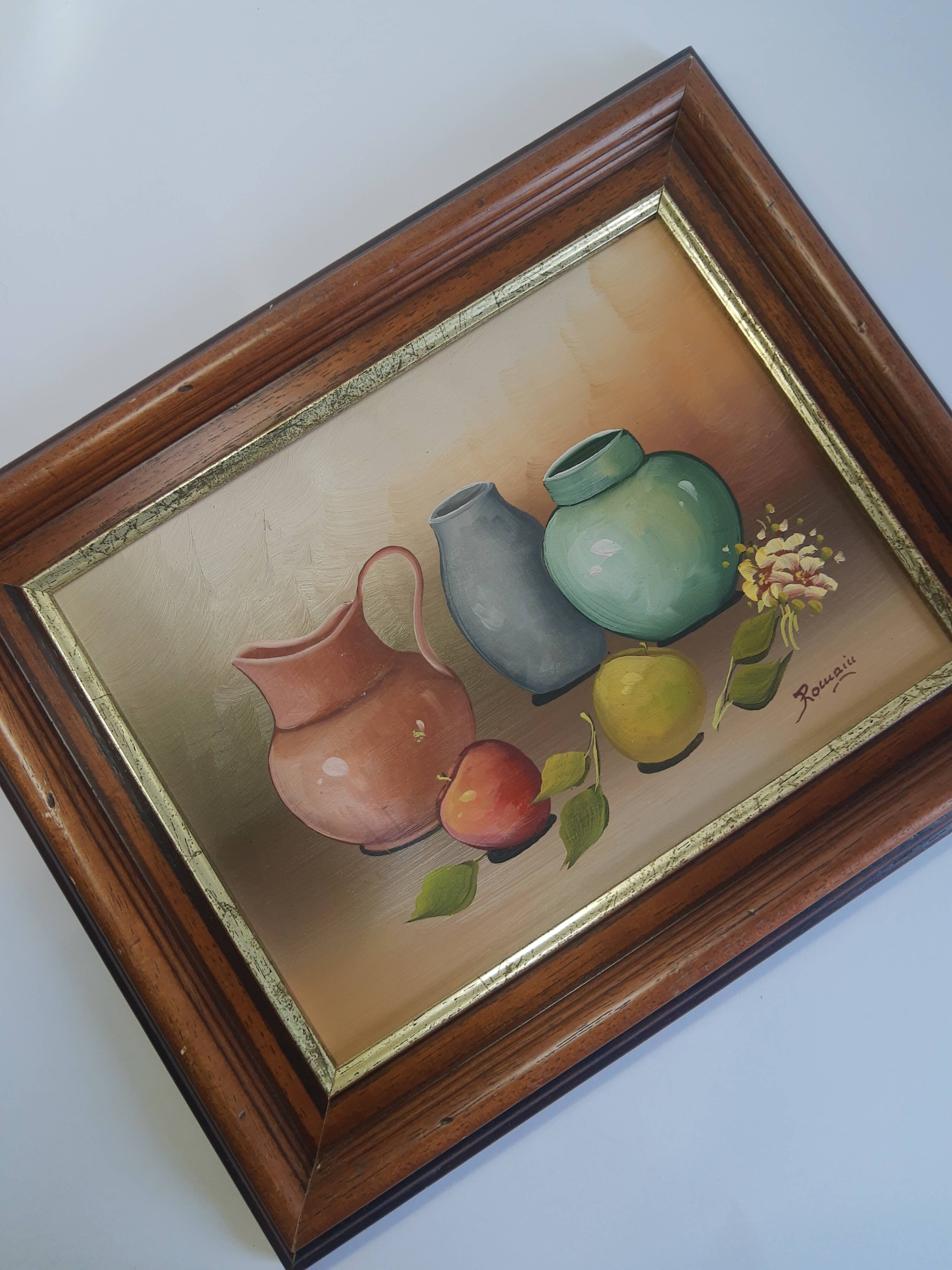 Still life painting frame signed vintage