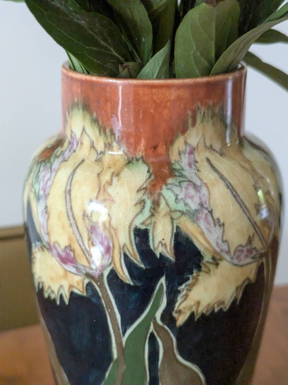 Art Nouveau vase in glazed ceramic, floral decoration, Gouda type, circa