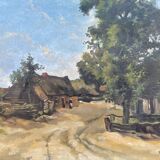Paysage alpin avec village de montagne, Début du XXe siècle, Huile sur carton, Encadré