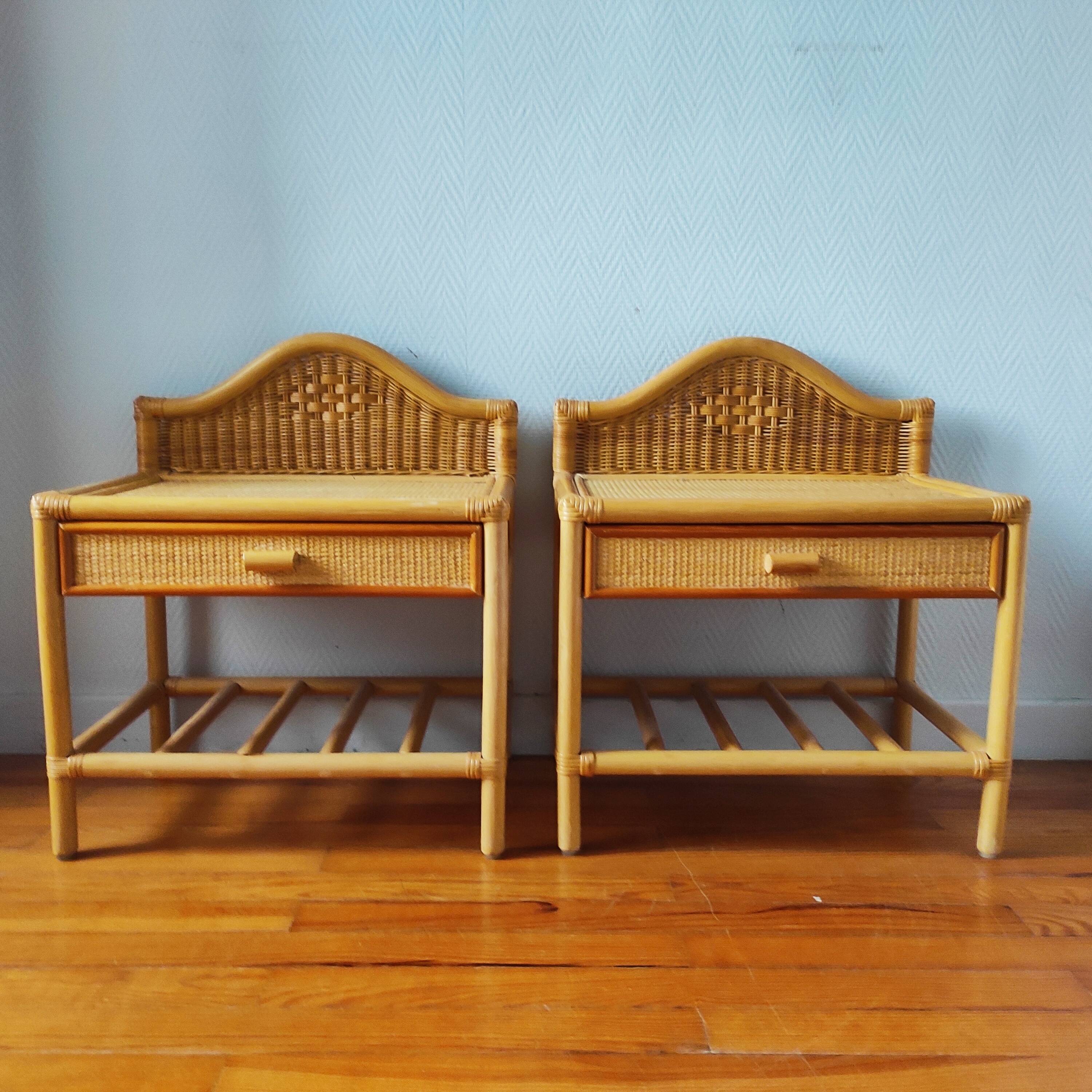 Pair of vintage 80s bedside tables in light rattan.