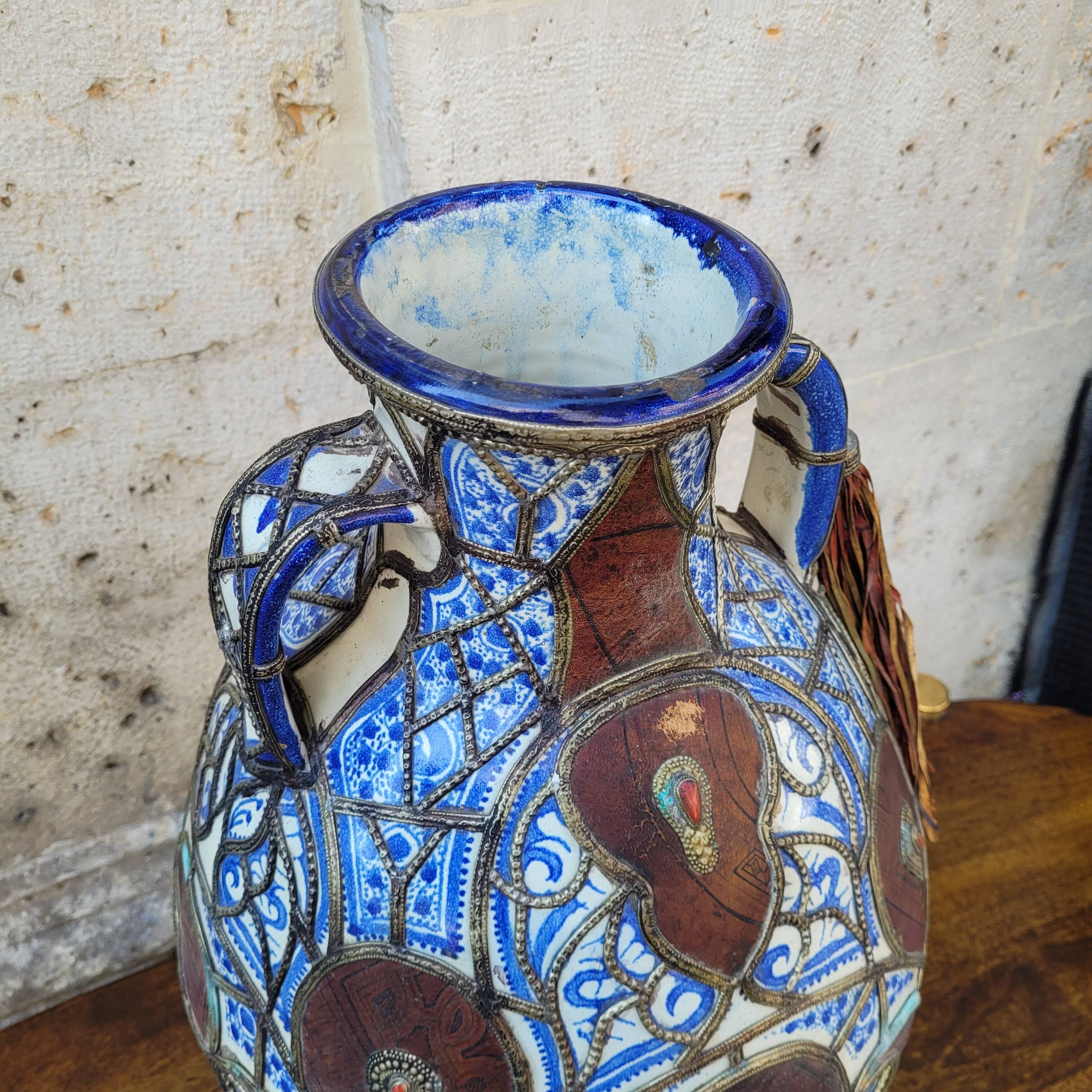 Filigree vase, ceramic, leather, enamel and metal, 19th century - Safi, Morocco