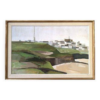 1961 Peinture à l’huile de paysage expressionniste vintage moderne du milieu du siècle « Bretagne », encadrée