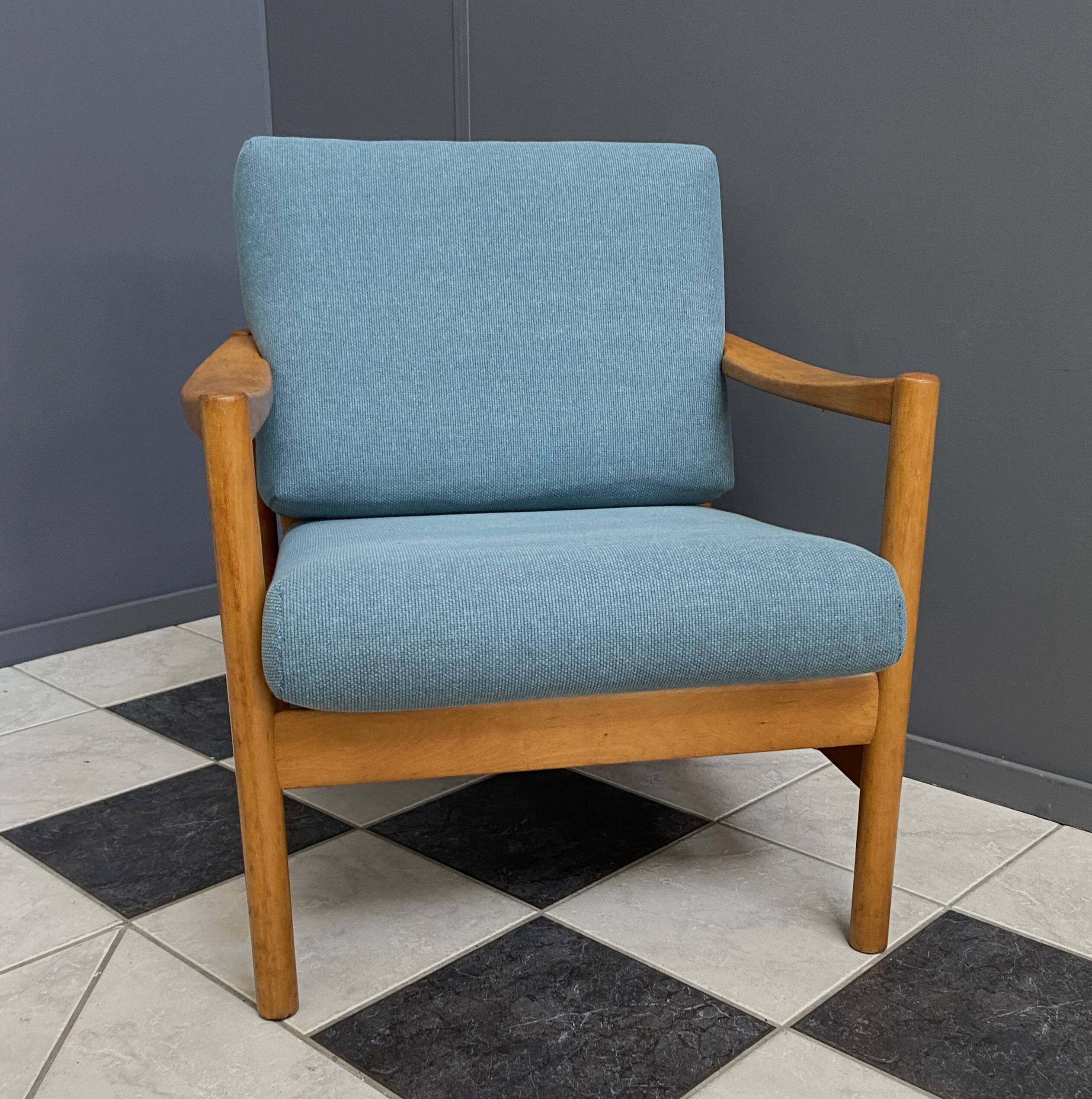 Wood arm chair reupholstered in blue fabric 1960s