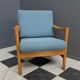 Wood arm chair reupholstered in blue fabric 1960s