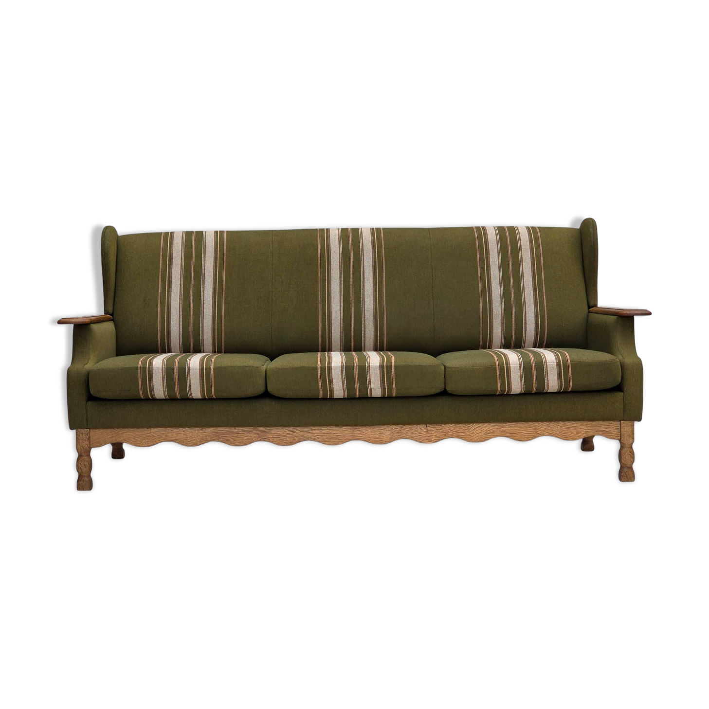 1970s, Danish 3-seater sofa, furniture wool, solid oak wood.