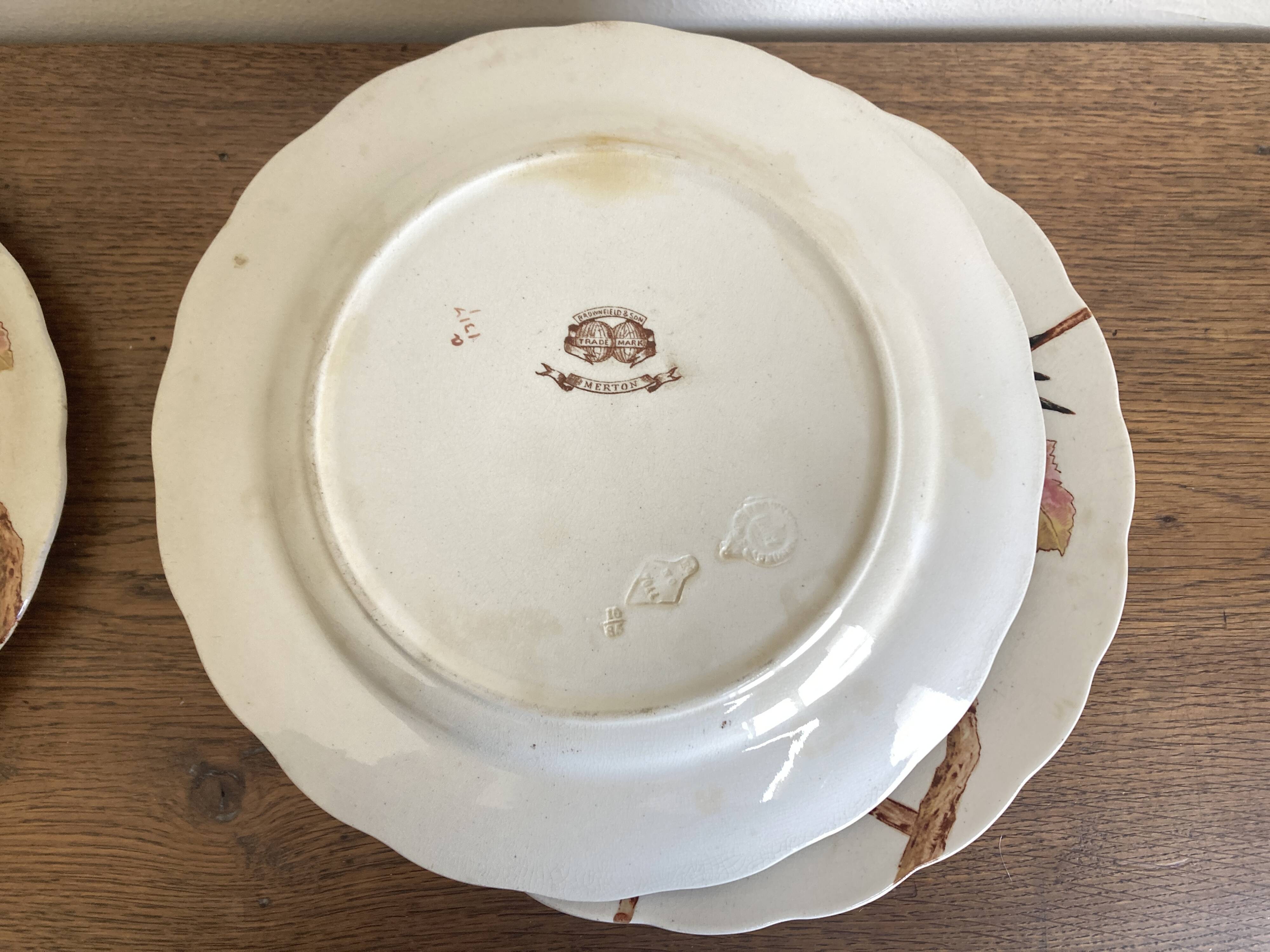 set de 12 assiettes polychrome 1850 ondulées Brownfield England oiseaux