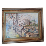 Oil painting depicting the Quai de Seine and booksellers.