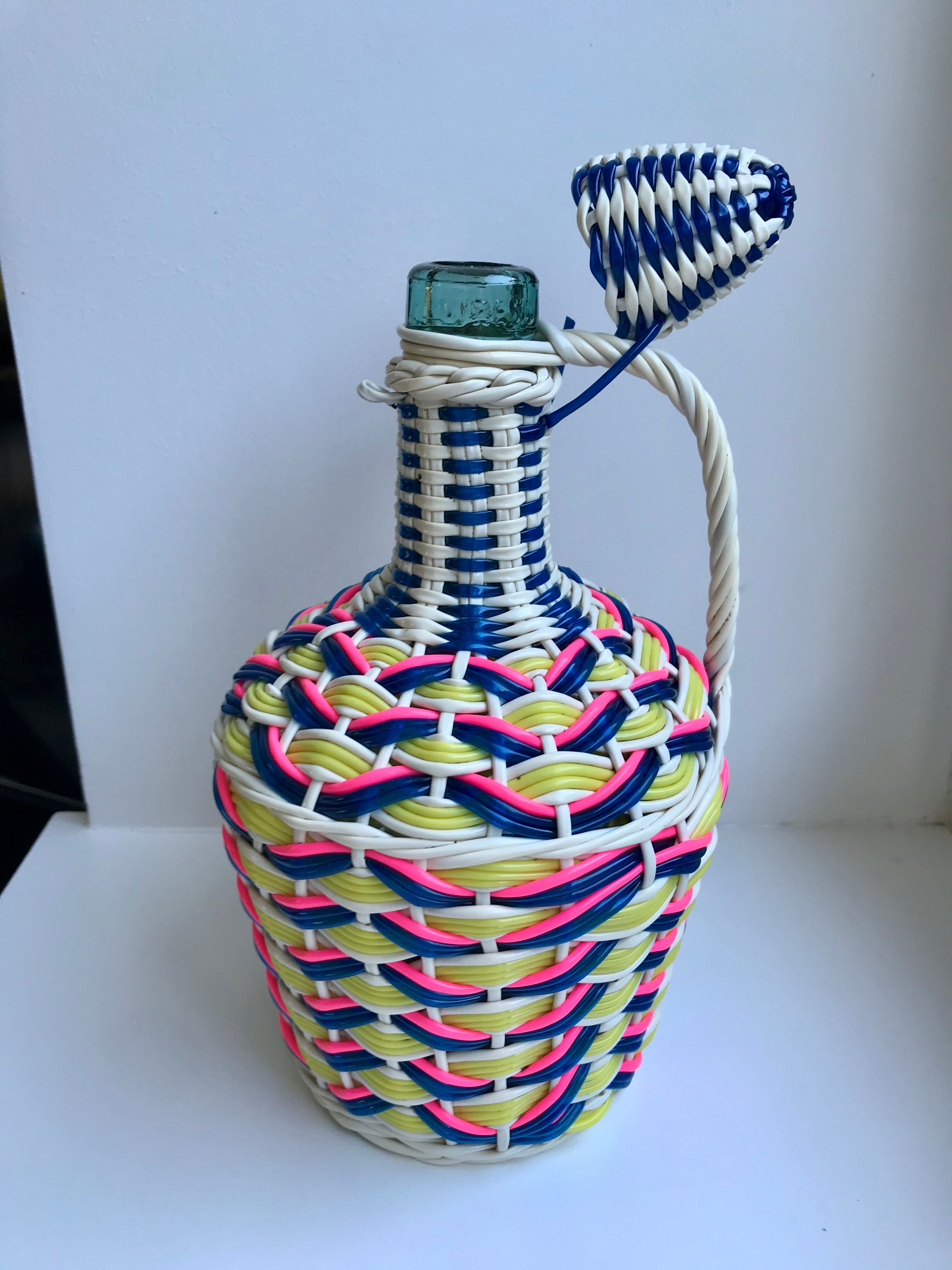 Scoubidou bottle with blue pink and yellow handle 70s