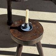 Vintage hand-held candlestick in blue glazed stoneware with floral decoration by Poterie Millian.