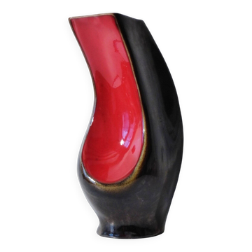 Vintage red and black pearlescent ceramic vase from the 1950s-1960s.