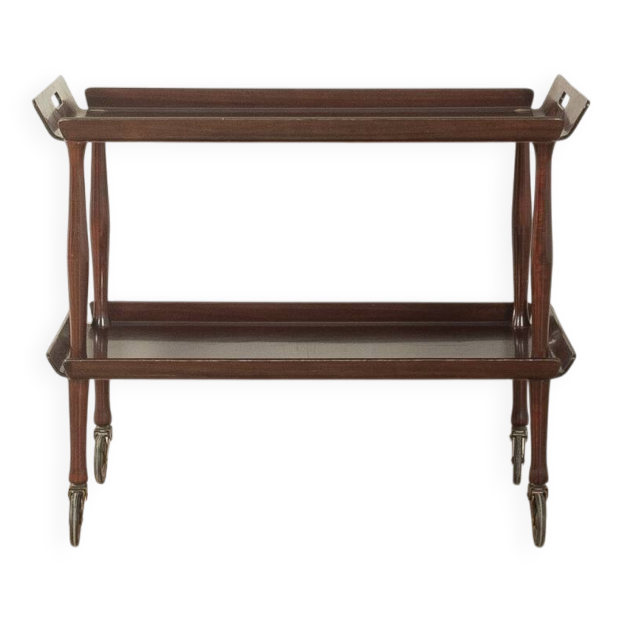 Classic serving trolley from the 1960s, solid Macoré frame with two Macoré veneer shelves and brass castors