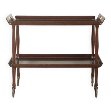 Classic serving trolley from the 1960s, solid Macoré frame with two Macoré veneer shelves and brass castors