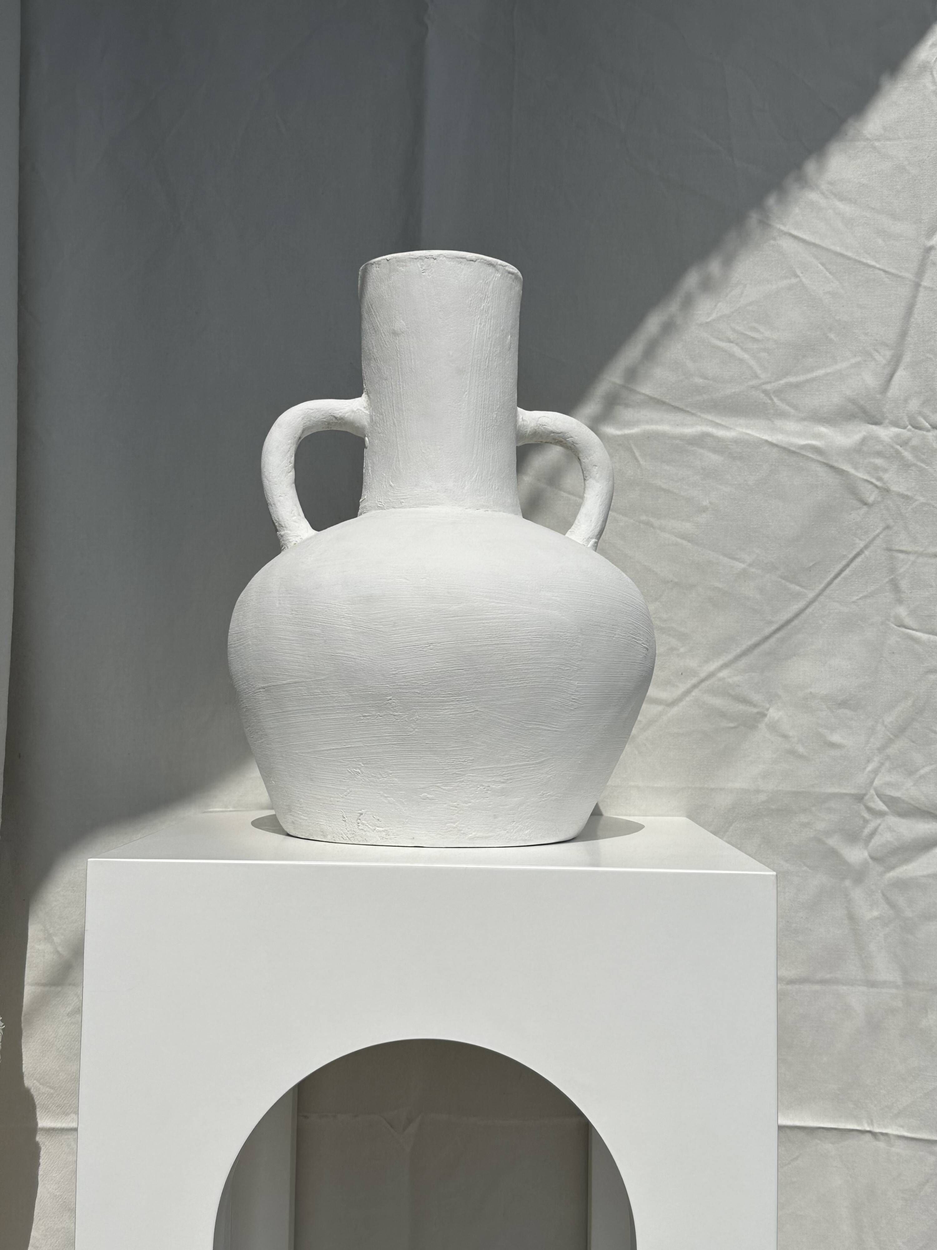 Large handcrafted terracotta vase painted white with double handles H40 D30