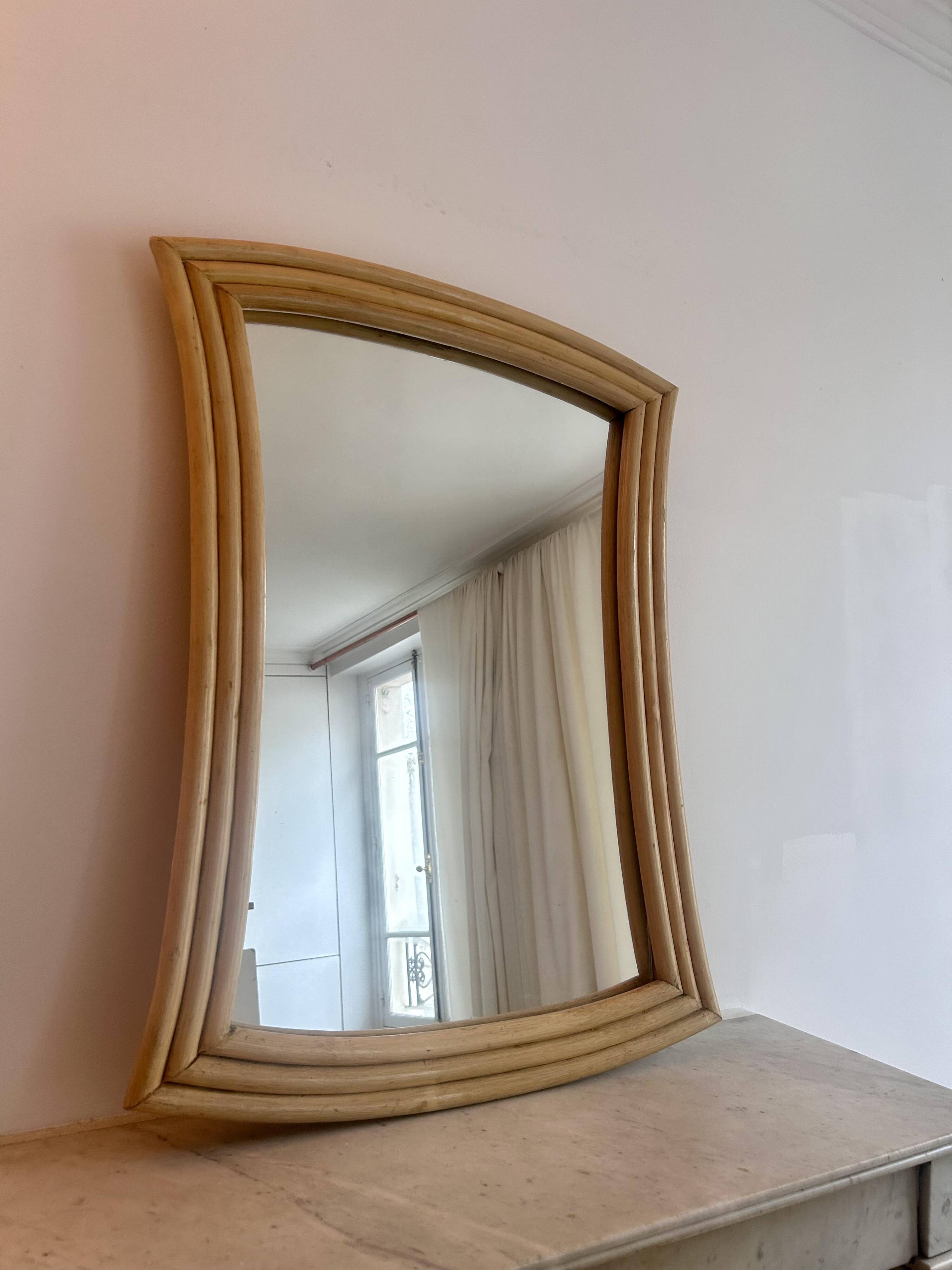 Vintage flared mirror, rattan, France 1970