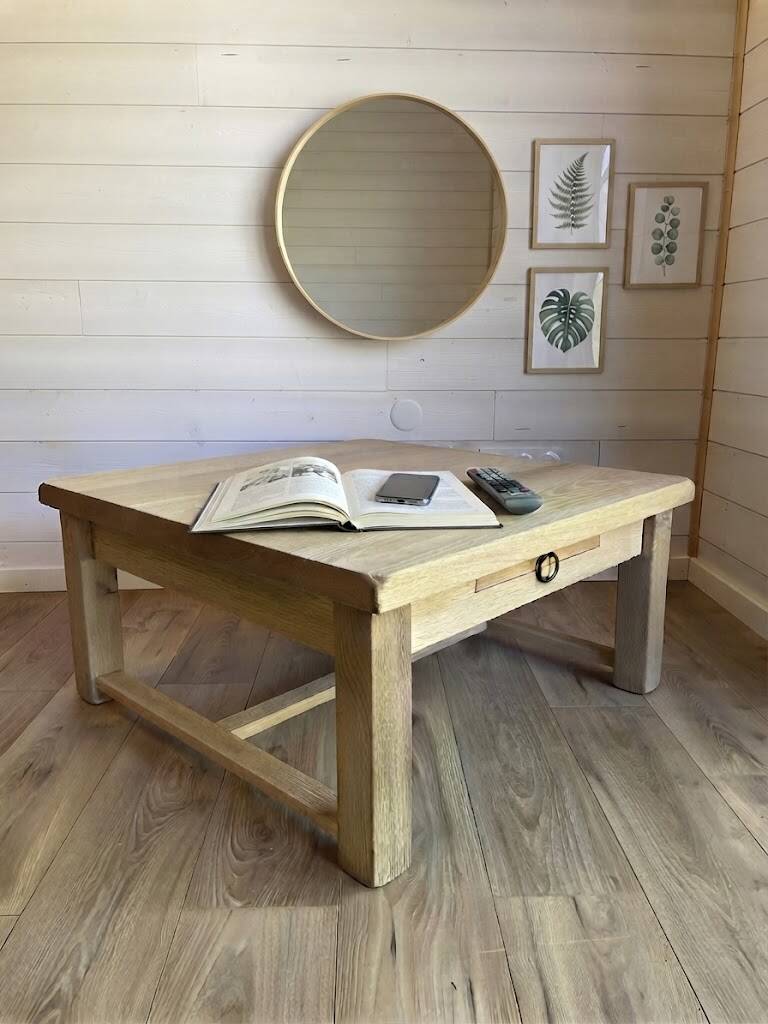 Large antique coffee table in sandblasted solid oak - Rustic chic style