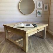 Grande table basse ancienne en chêne massif aérogommé - Style rustique chic