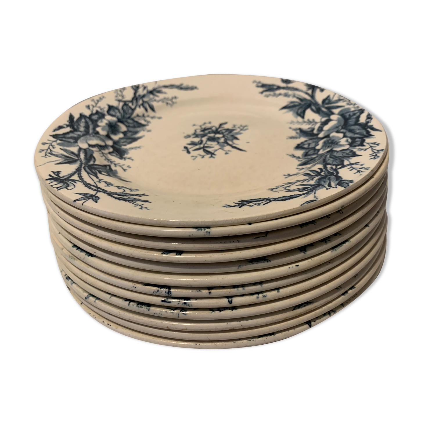 Set of 12 old blue dessert plates Eglantines, Iron Land, HB and Co.