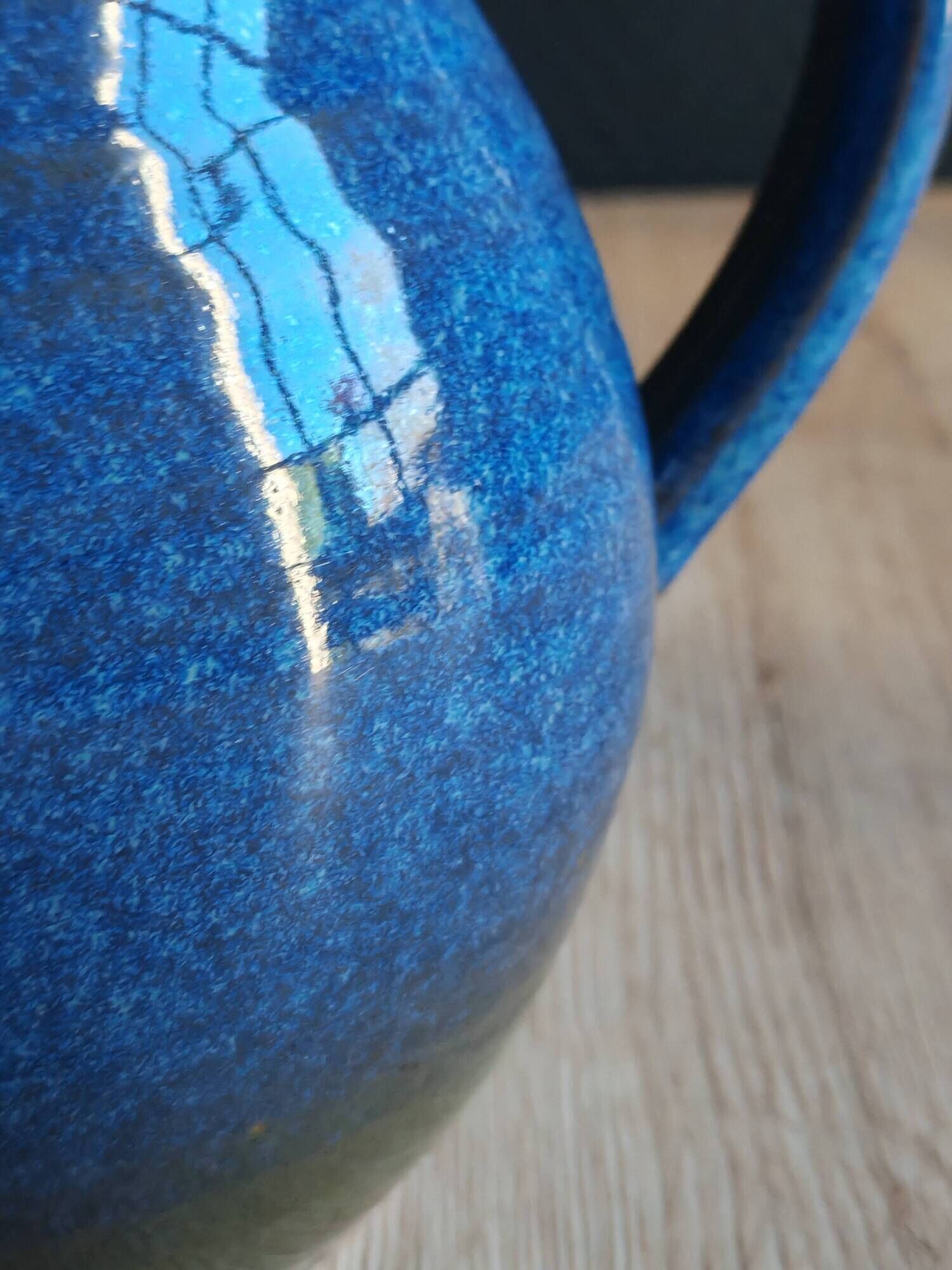 Vintage Blue Stoneware Jug with Grape Cluster Pattern, Ceramic Vase