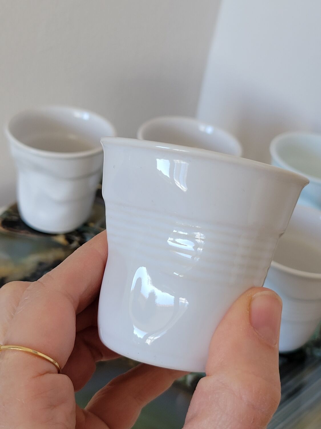6 design espresso cups crumpled white porcelain Revol